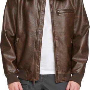 Men Faux Leather Aviator Bomber Jacket with  Collar